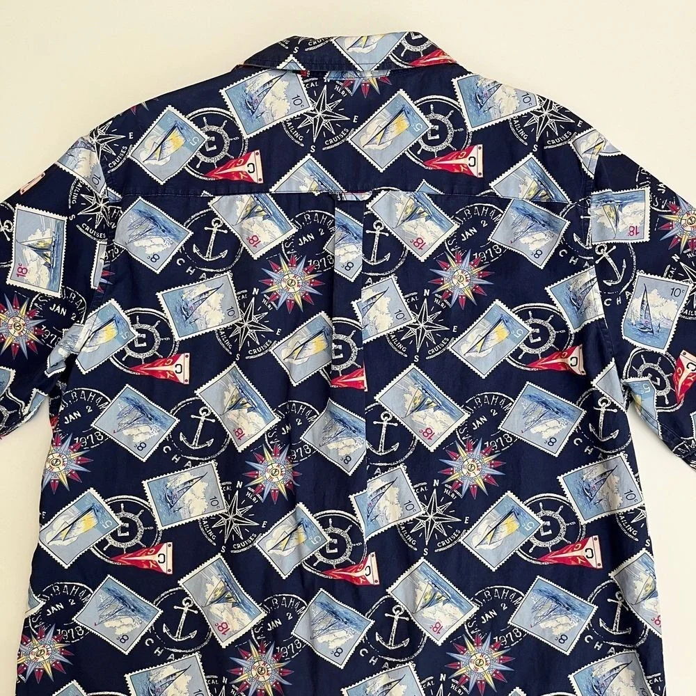 Chaps Mens Travel Stamp Blue Short Sleeve Button Down Shirt, Chaps Button Up S19